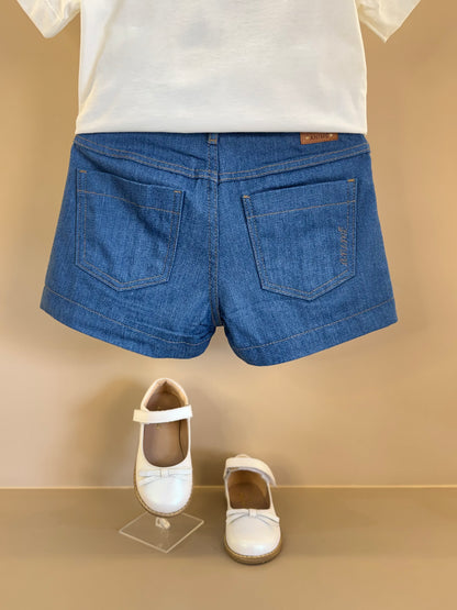 Conjunto Infantil Blusa Minnie Love e Shorts Jeans Bordada Tule Flores - Animê