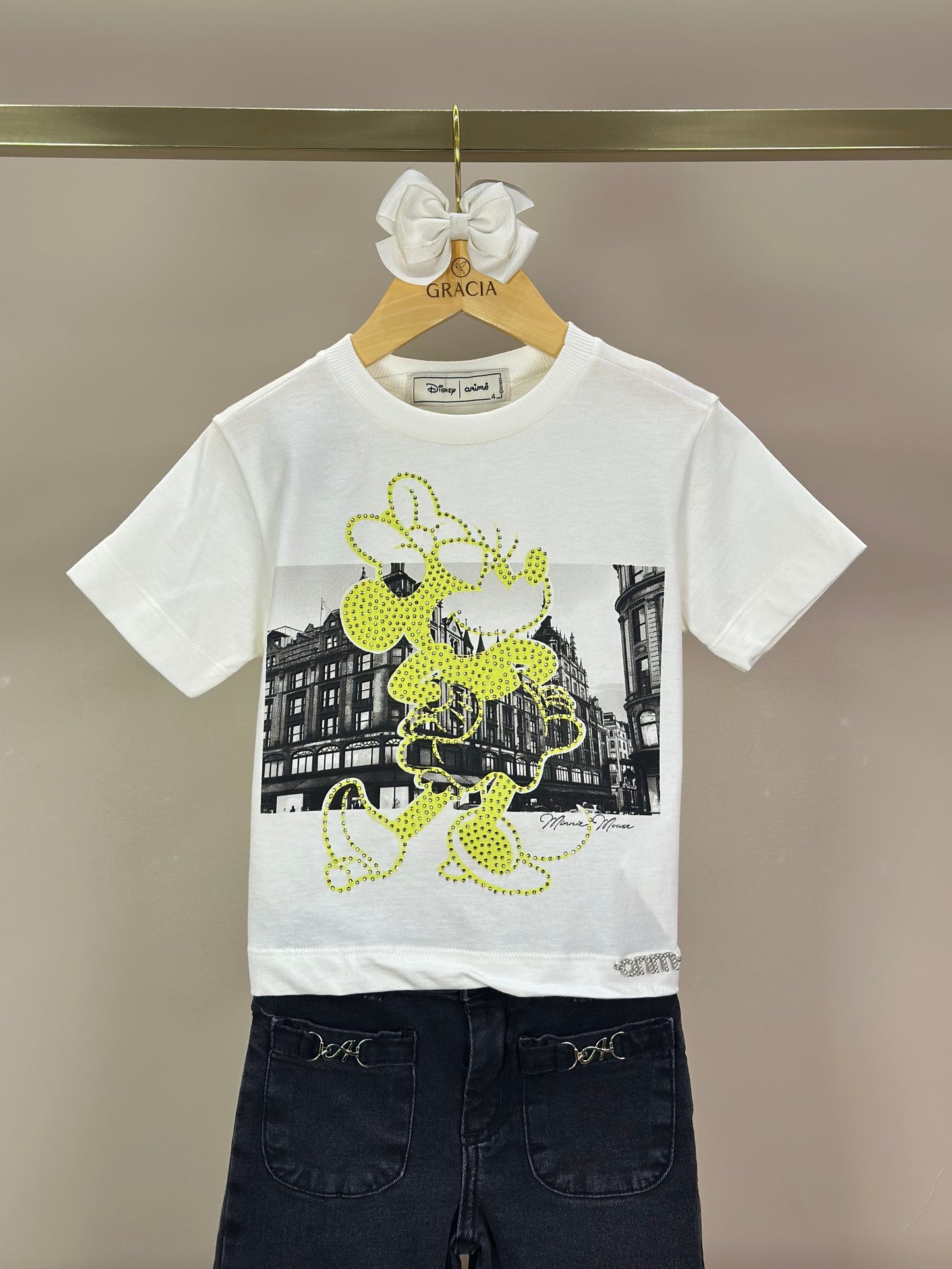 Conjunto Infantil Blusa Minnie Verde Melão Pérola e Calça Jeans Preta - Animê