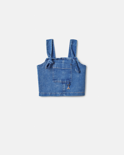 Conjunto Infantil Sobreposição Jeans, Blusa Manga Bufante e Calça Plissada - Animê