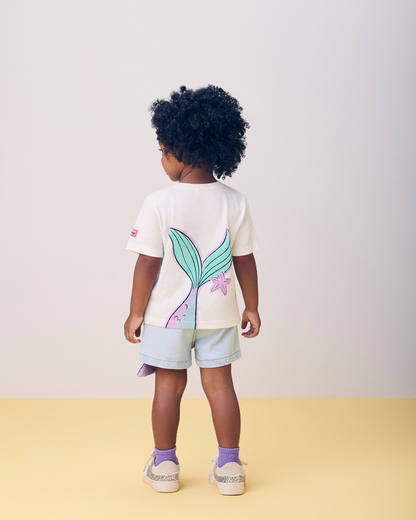Conjunto Infantil Blusa Ariel Strass e Shorts Jeans Calda Paetês - Momi
