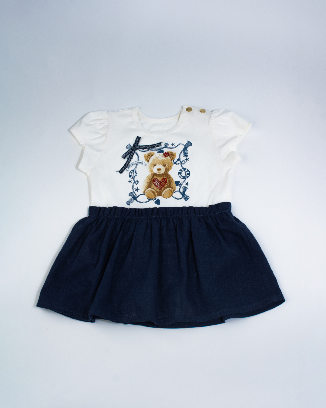 Vestido-body Bebê Algodão Ursinha Saia Linho Marinho - Um Mais Um