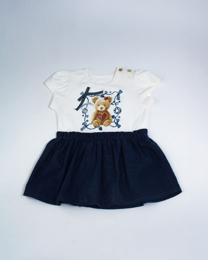 Vestido-body Bebê Algodão Ursinha Saia Linho Marinho - Um Mais Um