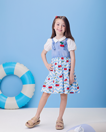 Conjunto Infantil Blusa Mangas Balonê e Salopete Cerejinha Jeans - Momi