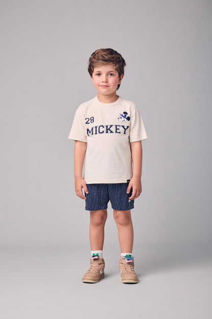 Conjunto Infantil Camiseta Bege Mickey e Bermuda Marinho Listrada - Youccie