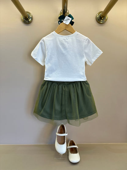 Conjunto Infantil Blusa Tico e Teco Better Together Strass Pérola e Saia Tule Verde Musgo - Momi
