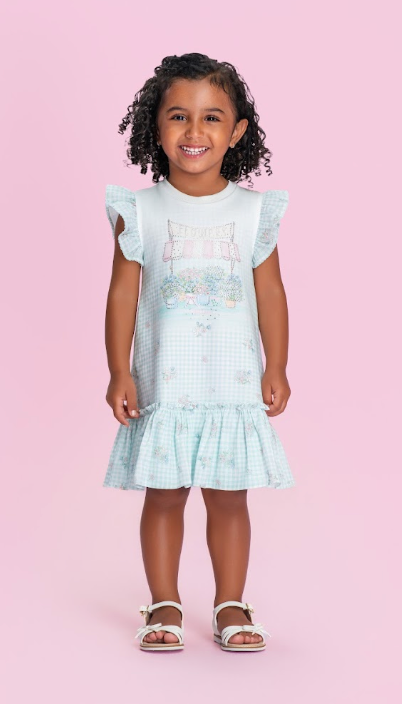 Vestido Infantil Quadriculado Azul Claro Flores e Strass - Petit Cherie