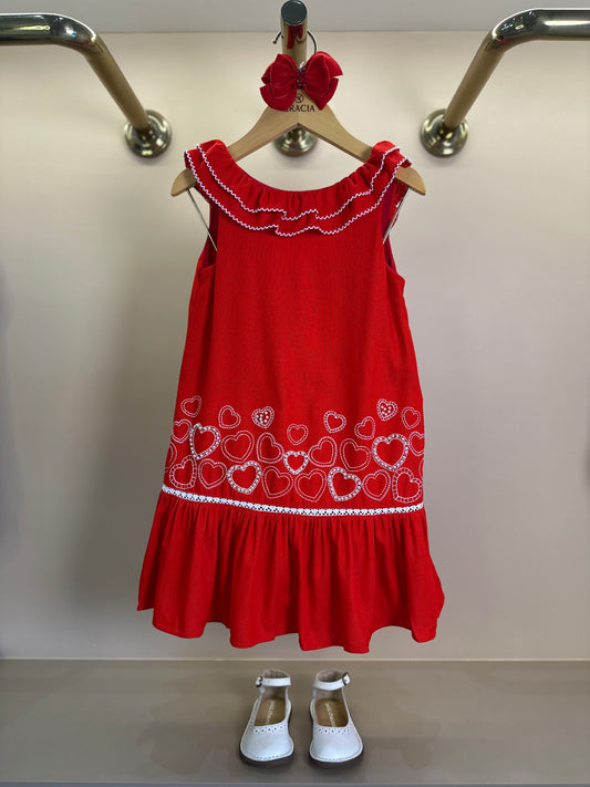 Vestido Infantil Trapézio Linho Vermelho Bordado Branco - Petit Cherie
