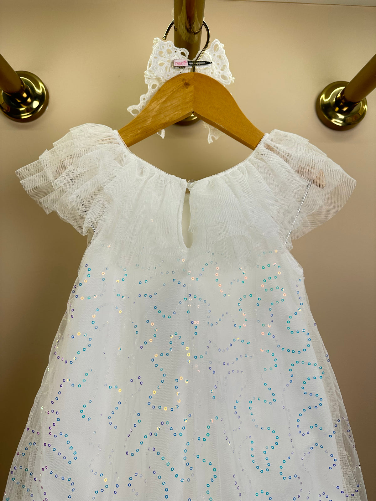 Vestido Infantil Trapézio Tule Bordado Paeté Off White - Petit Cherie