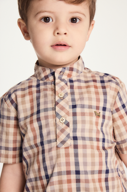 Conjunto Infantil Camisa Gola Padre Xadrez Fio Tinto e Bermuda Sarja Marinho - Um Mais Um