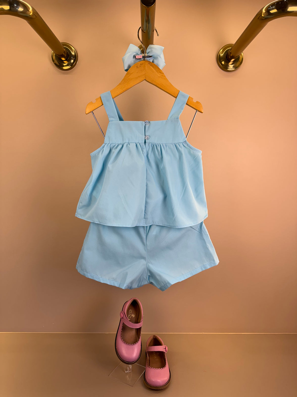Conjunto Infantil Azul Claro Blusa Bordado Floral e Shorts Saia - Mon Sucré