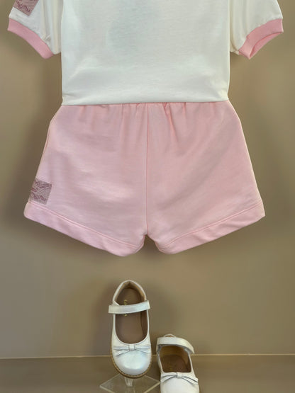 Conjunto Infantil Blusa Perolada Ballet Core Shorts e Laço Rosa - Animê Petite