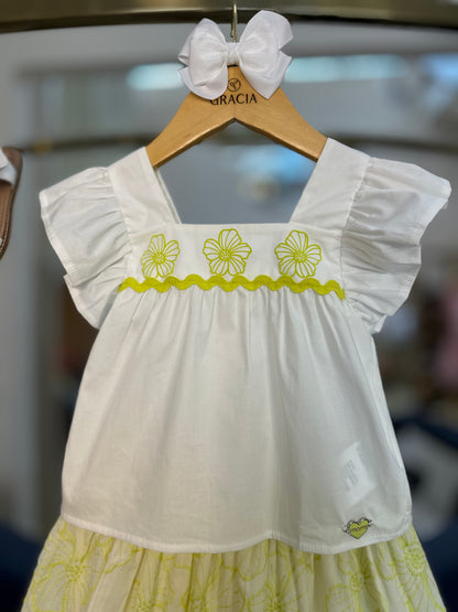 Conjunto Infantil Blusa e Saia-shorts Laise Flores Neon Lima - Momi