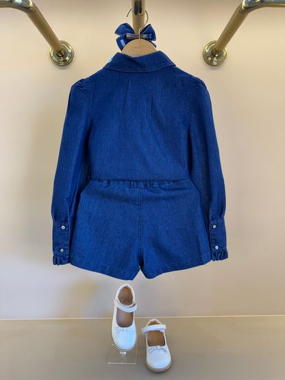 Conjunto Infantil Camisa Jeans Leve ML Gola Bordada Flores e Shorts-saia Jeans Bordada Flores - Luluzinha