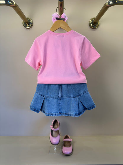 Conjunto Infantil Blusa Chaveiro Com Strass e Saia Jeans Pregas Com Pingente - Momi