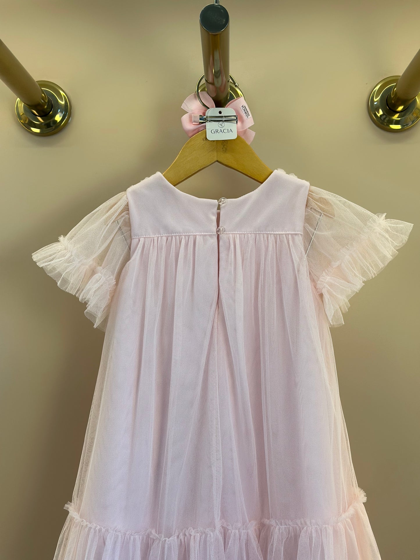 Vestido Infantil Trapézio Tule Bordado Delicado Busto Rosa - Petit Cherie
