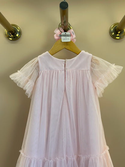 Vestido Infantil Trapézio Tule Bordado Delicado Busto Rosa - Petit Cherie