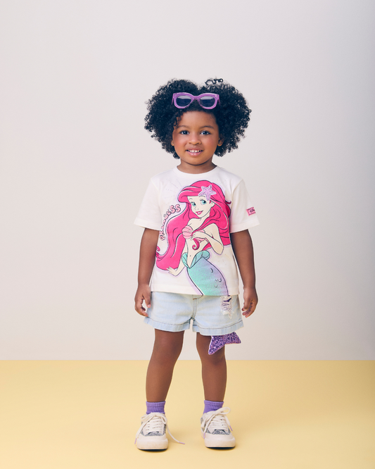 Conjunto Infantil Blusa Ariel Strass e Shorts Jeans Calda Paetês - Momi