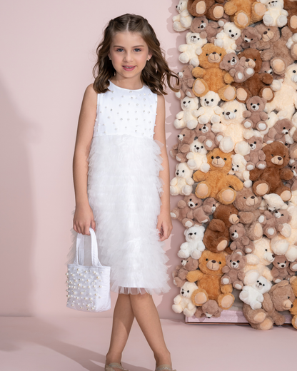 Vestido Infantil Festa Pérolas Tule Frufru Branco - Pituchinhus