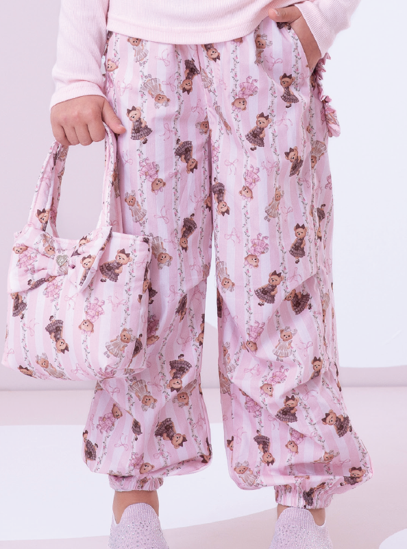 Calça Infantil Jogging Algodão Bolso Babado Ursinhas Listras - Pituchinhus