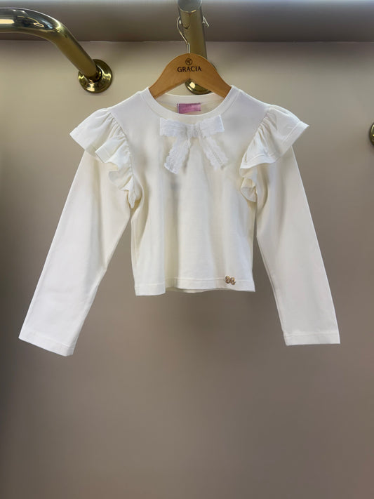 Blusa Infantil Manga Longa Com Laço Branca - Luluzinha