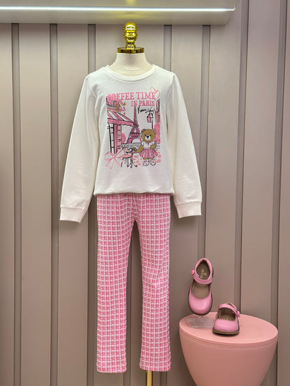 Conjunto Infantil Blusa Ursinha Paris e Legging Malha Tweed Rosa - Momi