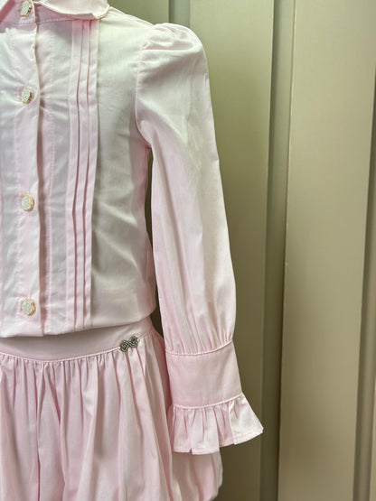 Conjunto Infantil Algodão  Camisa Babadinhos Punho Pregas e Saia Balonê Rosa Claro - Luluzinha
