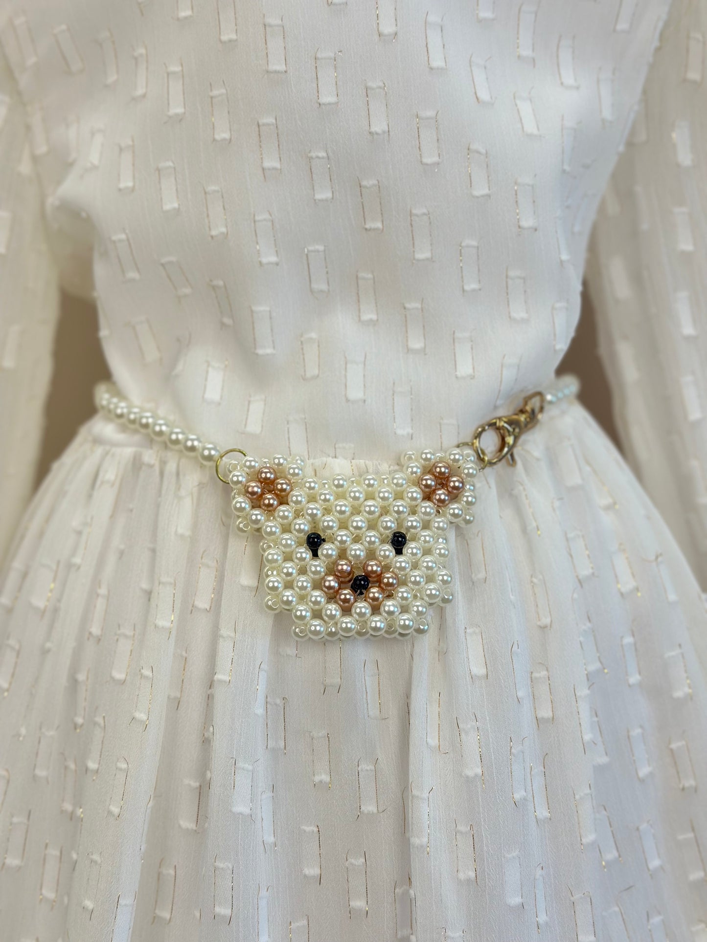 Vestido Infantil Chiffon Rodado ML Cinto Pérolas Ursinho Branco - Luluzinha