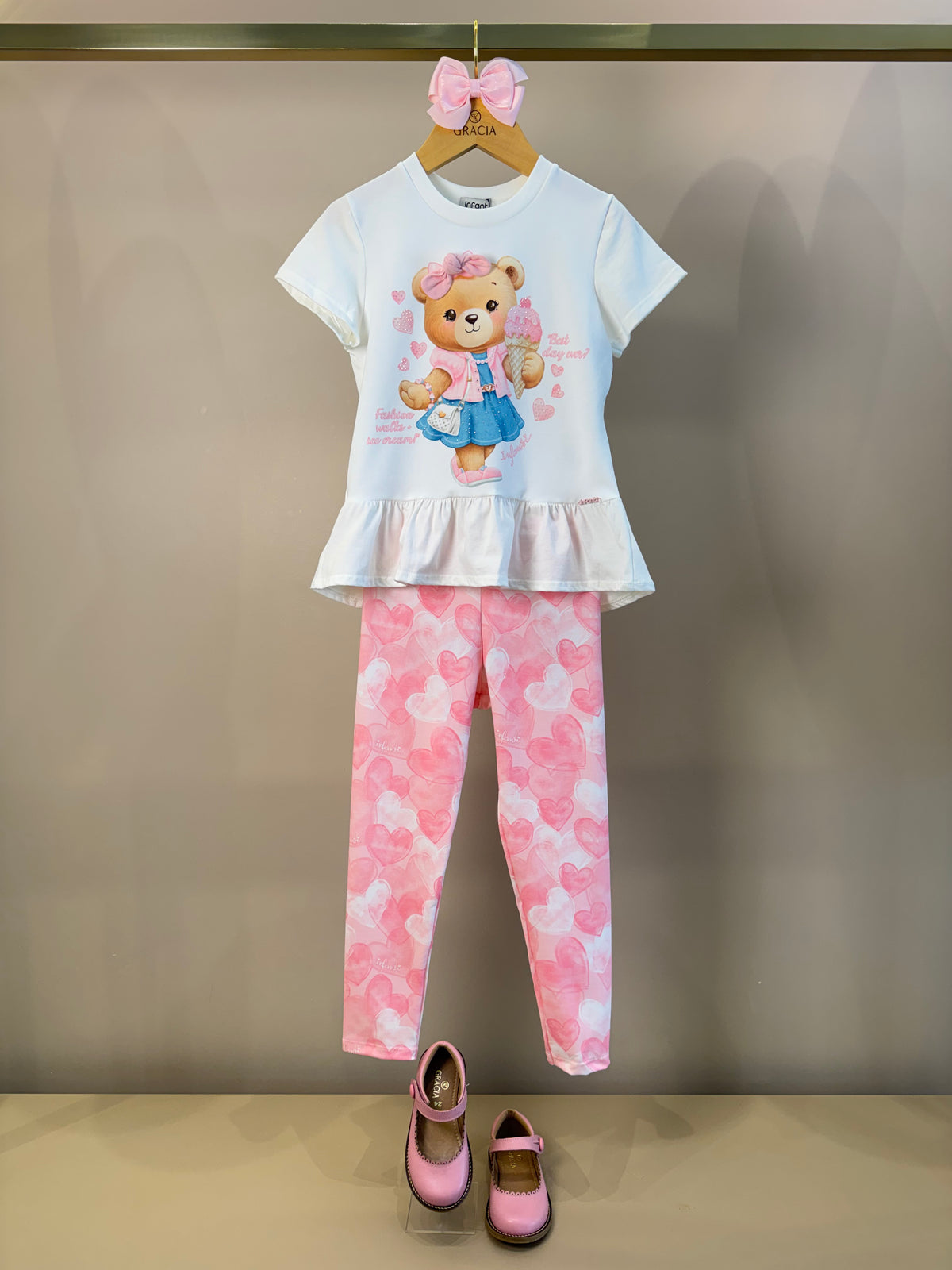 Conjunto Infantil Blusa Ursinha Com Laço e Calça Legging Corações - Infanti