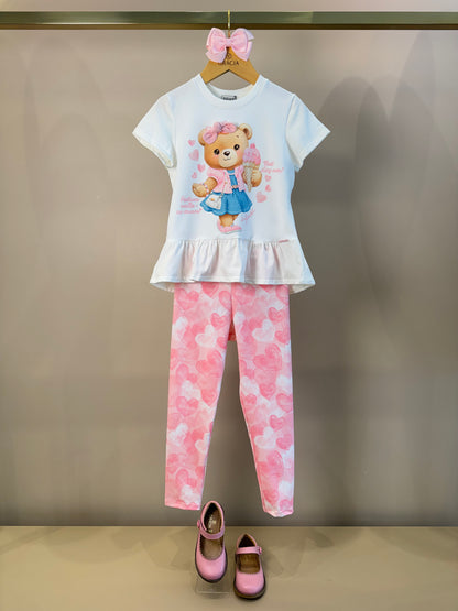 Conjunto Infantil Blusa Ursinha Com Laço e Calça Legging Corações - Infanti