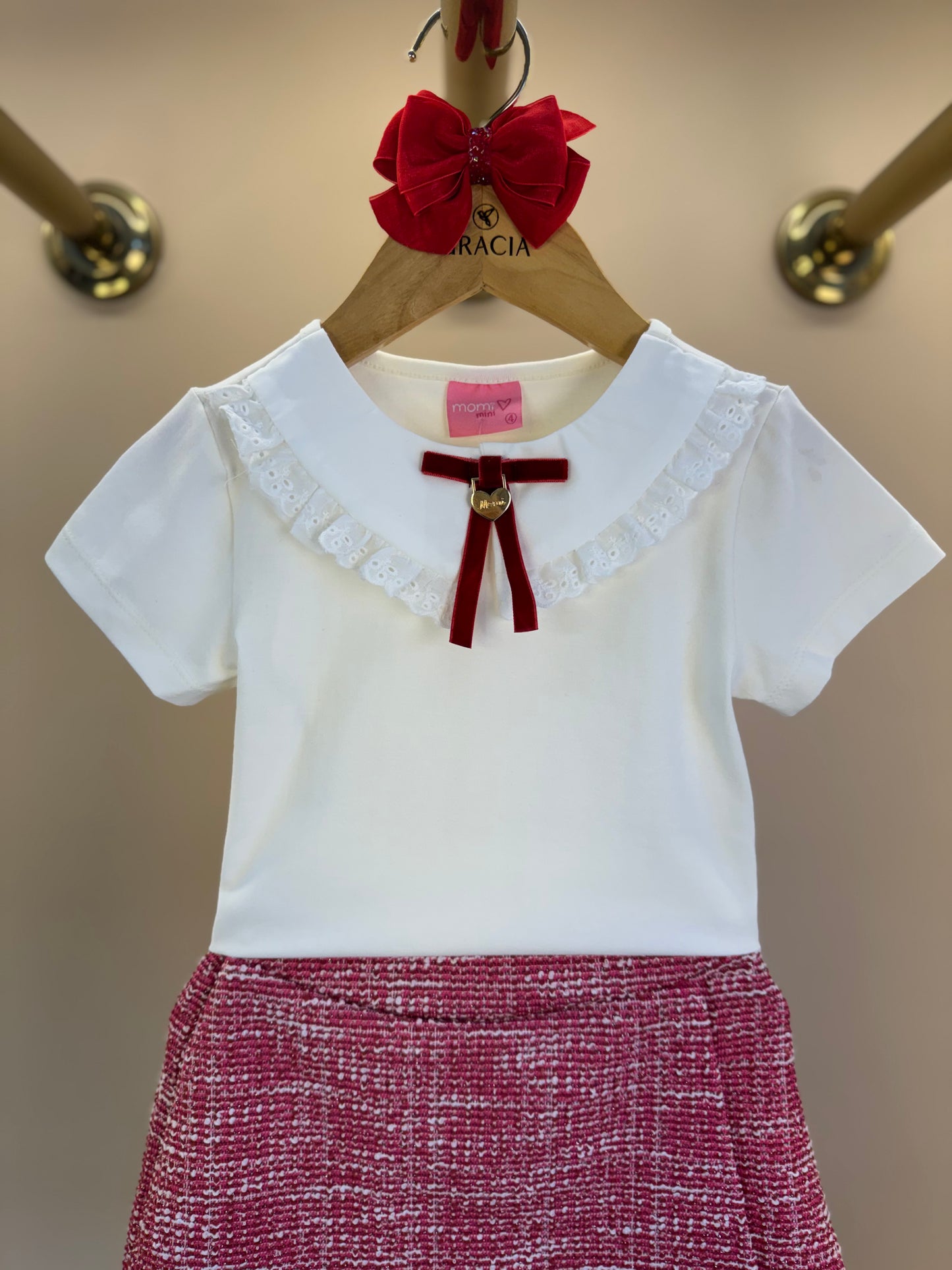 Conjunto Infantil Blusa Manga Longa Gola Laço e Shorts-saia Tweed - Momi