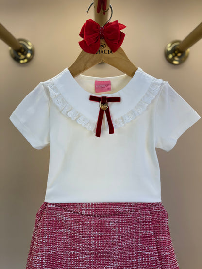 Conjunto Infantil Blusa Manga Longa Gola Laço e Shorts-saia Tweed - Momi