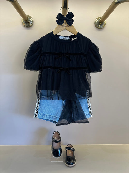 Conjunto Infantil BlusaTule Laço Veludo Preta e Shorts Jeans Laço Preto - Animê