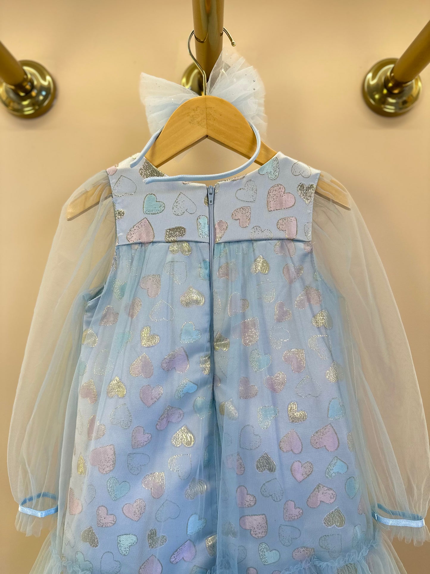 Vestido Infantil Trapézio ML Tule Jacquard Corações Azul - Petit Cherie