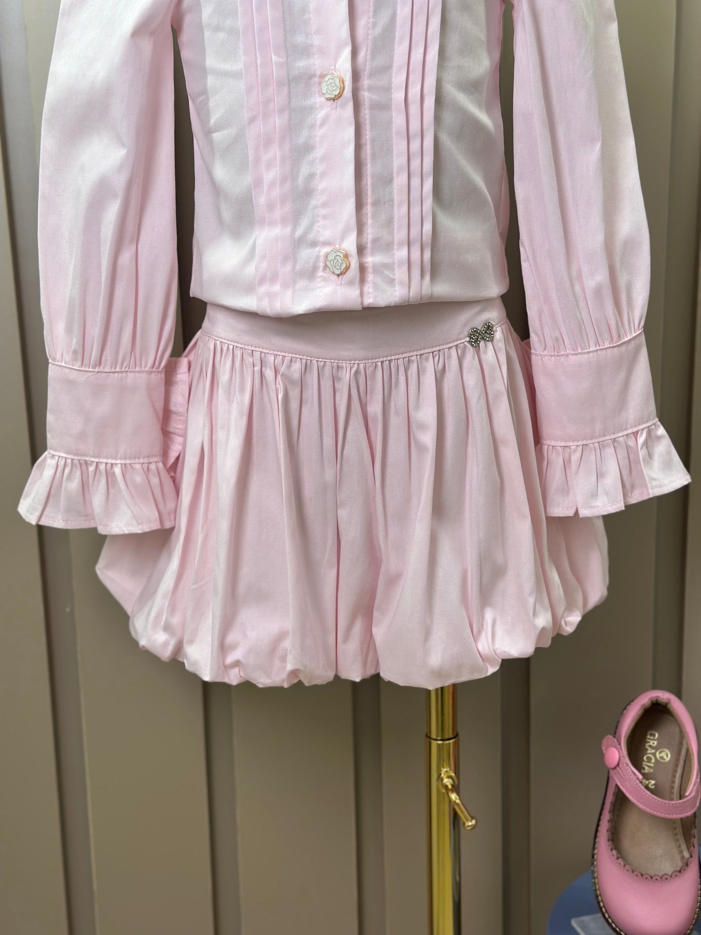 Conjunto Infantil Algodão  Camisa Babadinhos Punho Pregas e Saia Balonê Rosa Claro - Luluzinha