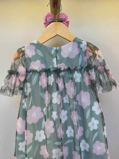 Vestido Infantil Trapézio Tule Estampado Flores - Mon Sucre