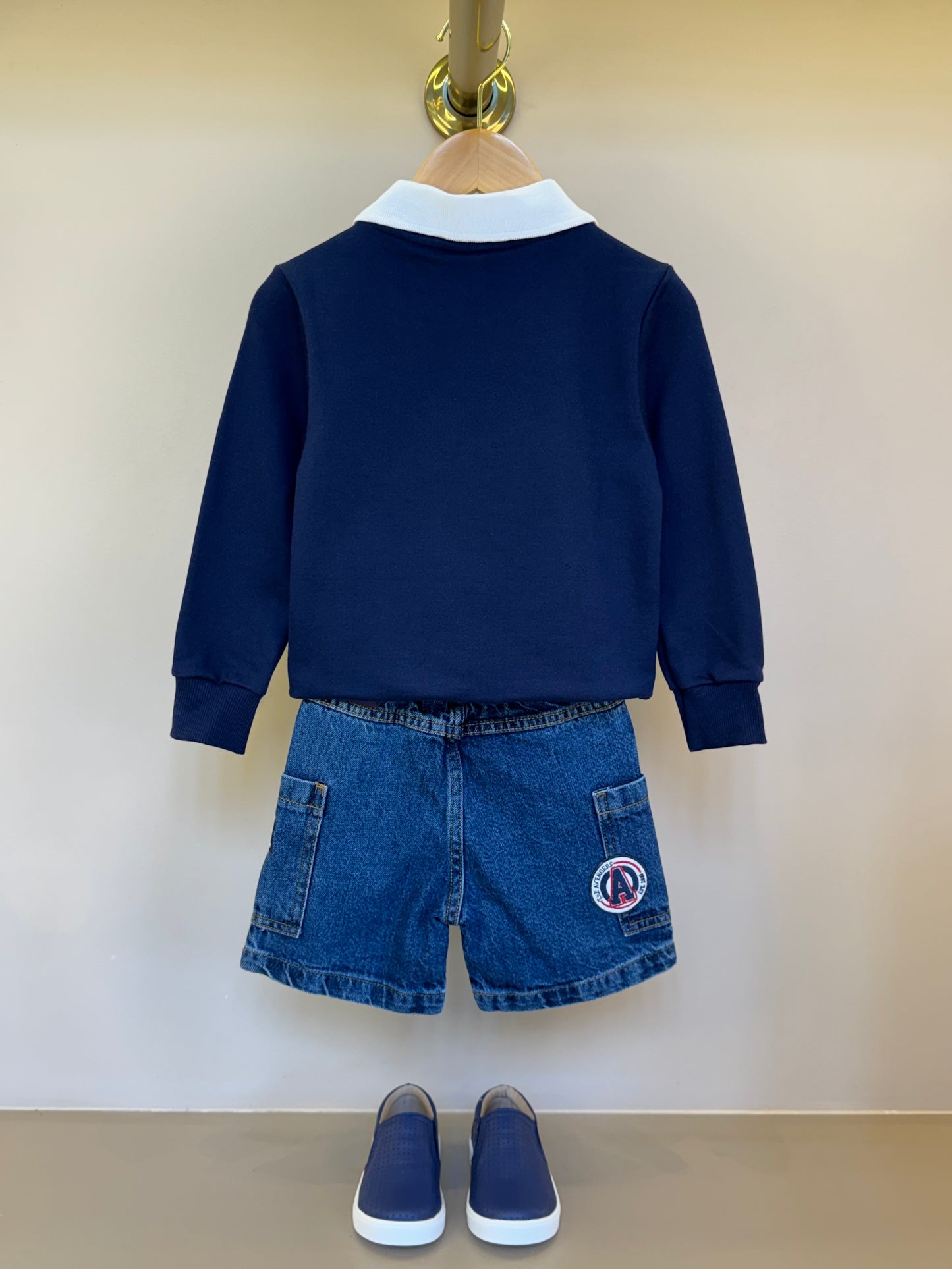 Conjunto Infantil Casaco Gola Polo e Bermuda Jeans Patchs Marvel - Youccie
