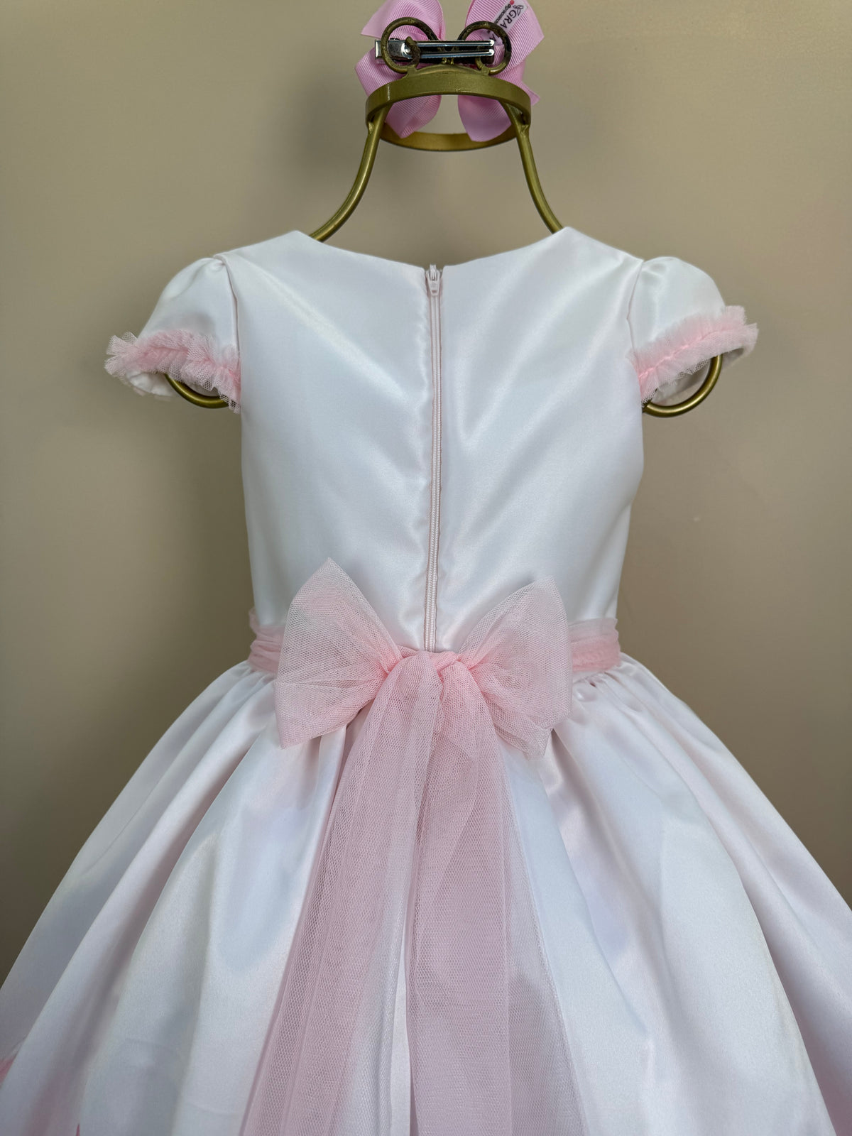 Vestido Infantil Laços e Pérolas Saia Tule Rosa - Petit Cherie