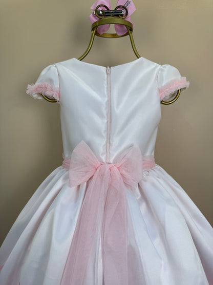 Vestido Infantil Laços e Pérolas Saia Tule Rosa - Petit Cherie