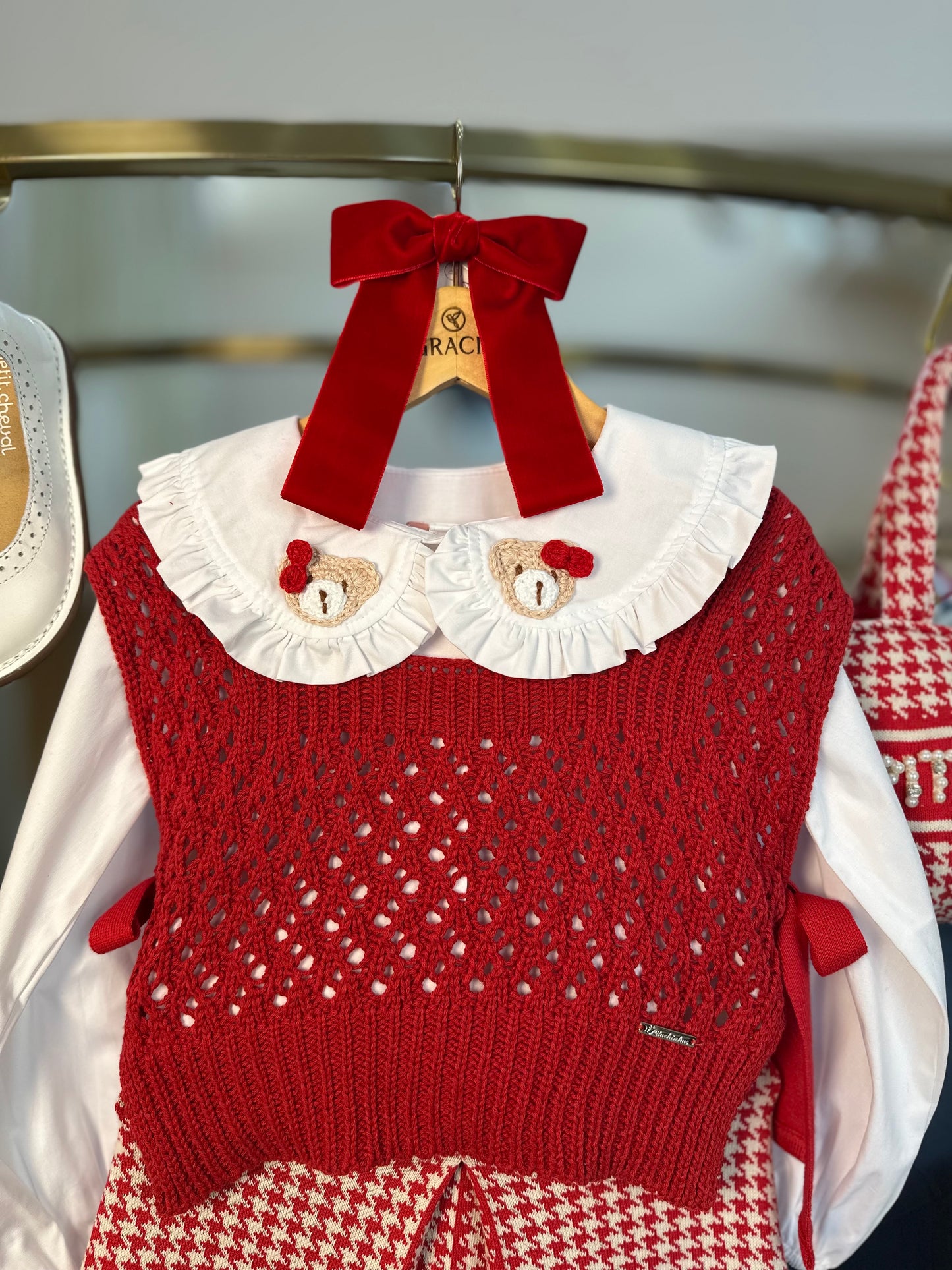 Conjunto Infantil Colete Ponto Rendado e Saia Tricot Pied Poule Prega - Pituchinhus