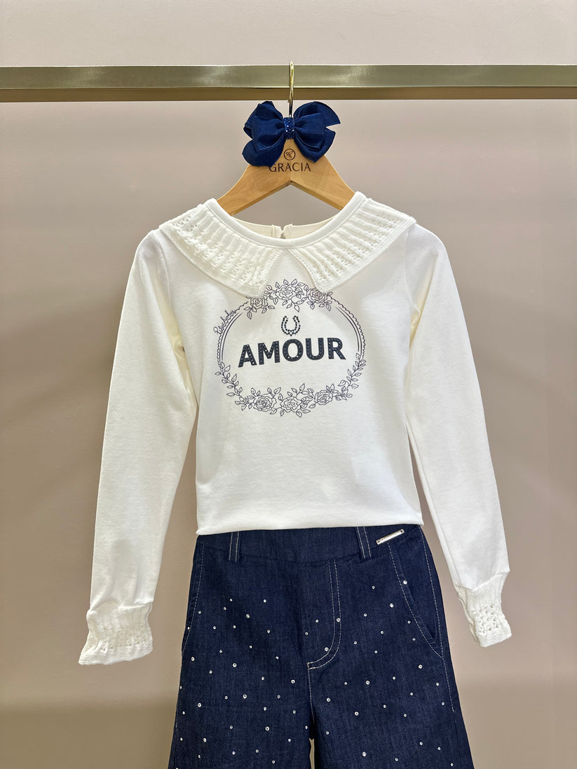 Blusa Infantil Cotton Amour Cristal Gola e Babado Mangas Tricot Off White - Pituchinhus