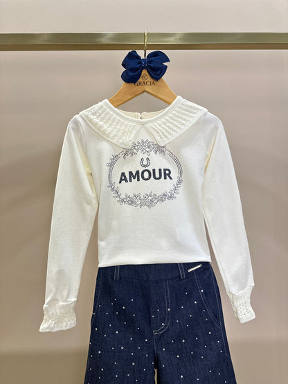 Blusa Infantil Cotton Amour Cristal Gola e Babado Mangas Tricot Off White - Pituchinhus