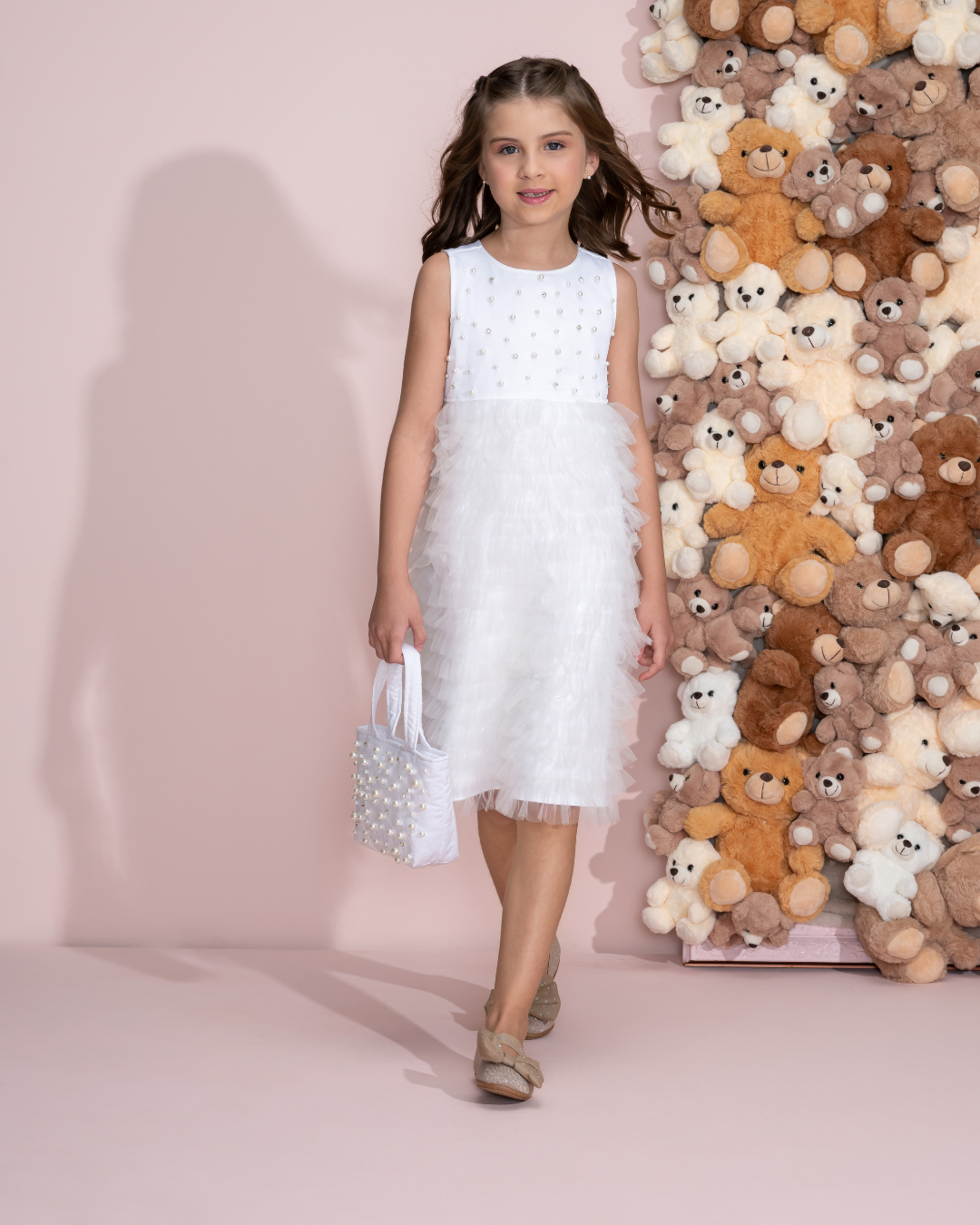 Vestido Infantil Festa Pérolas Tule Frufru Branco - Pituchinhus