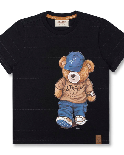 Conjunto Infantil Camiseta Algodão Teddy Pima Listrada e Bermuda Ponto Roma Bolsos Cargo Bege - Dame