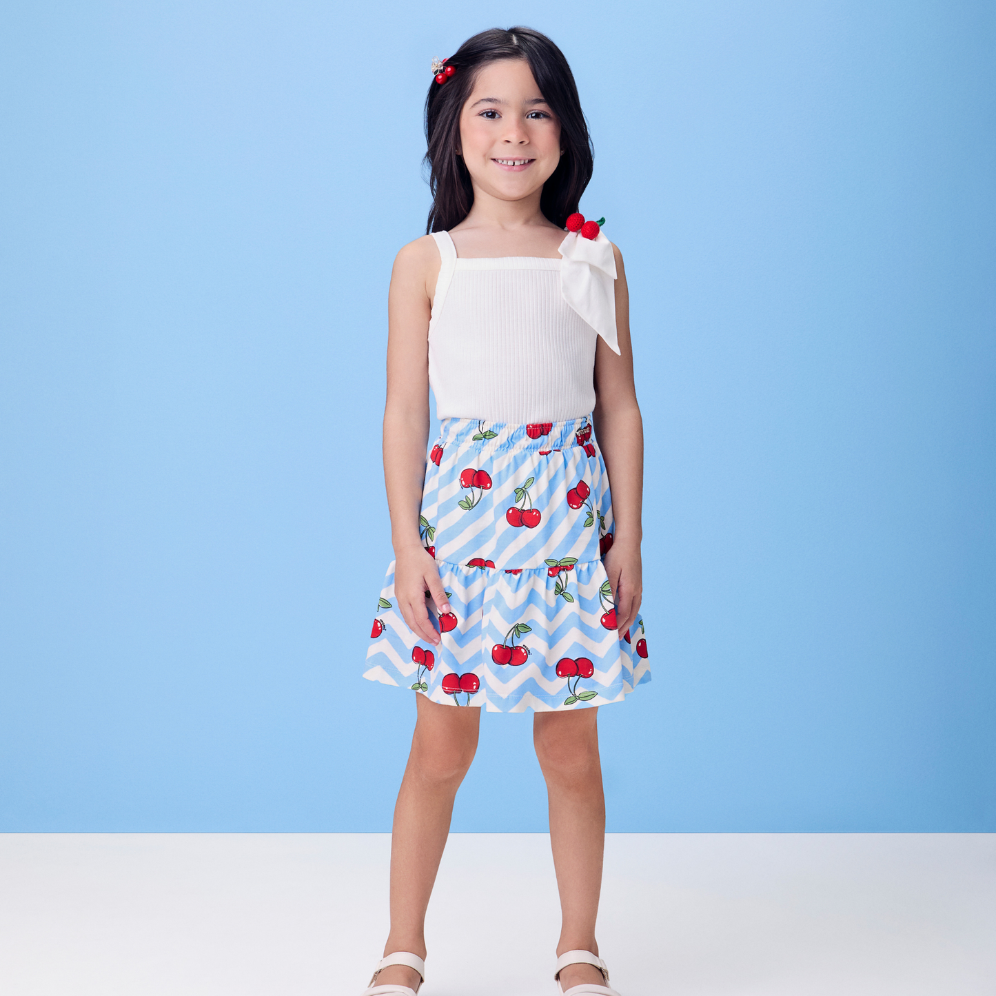 Conjunto Infantil Blusa e Saia Azul Cerejinhas - Momi PRÉ-VENDA