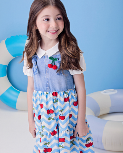 Conjunto Infantil Blusa Mangas Balonê e Salopete Cerejinha Jeans - Momi