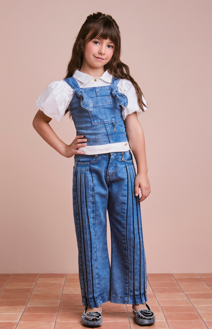 Conjunto Infantil Sobreposição Jeans, Blusa Manga Bufante e Calça Plissada - Animê