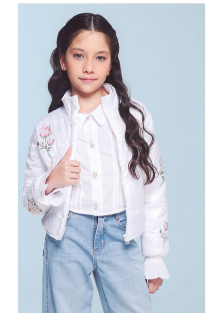 Casaco Infantil Conceito Doudone Bordado Flores Branco - Luluzinha
