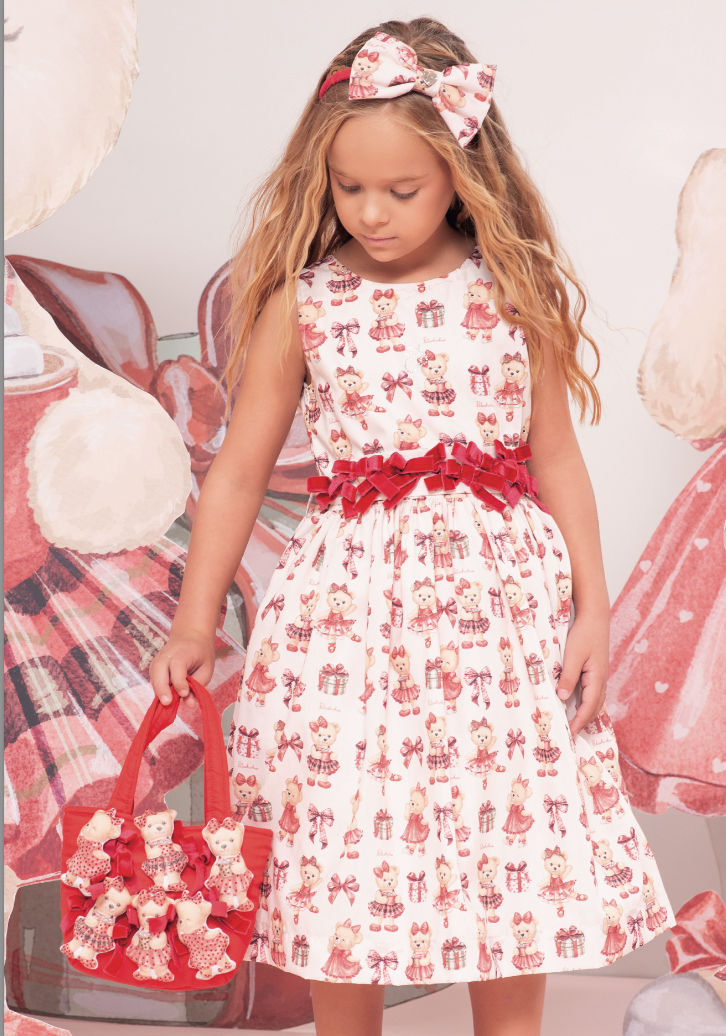 Vestido Infantil Estampa de Ursinha Natal Cinto de Lacinhos em Veludo - Pituchinhus