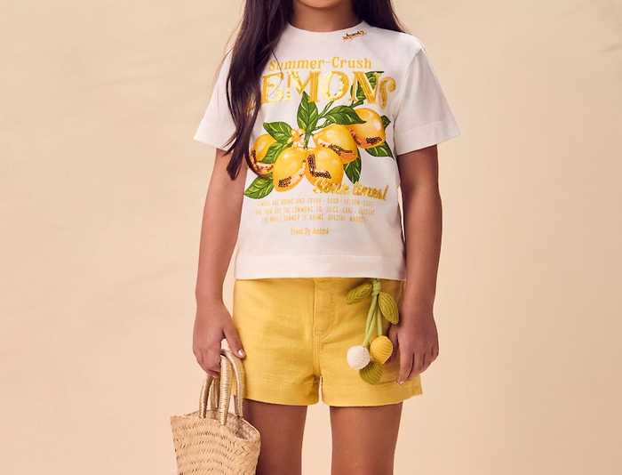 Conjunto Infantil Blusa Off White Lemon Shorts Sarja Amarelo Solar - Animê