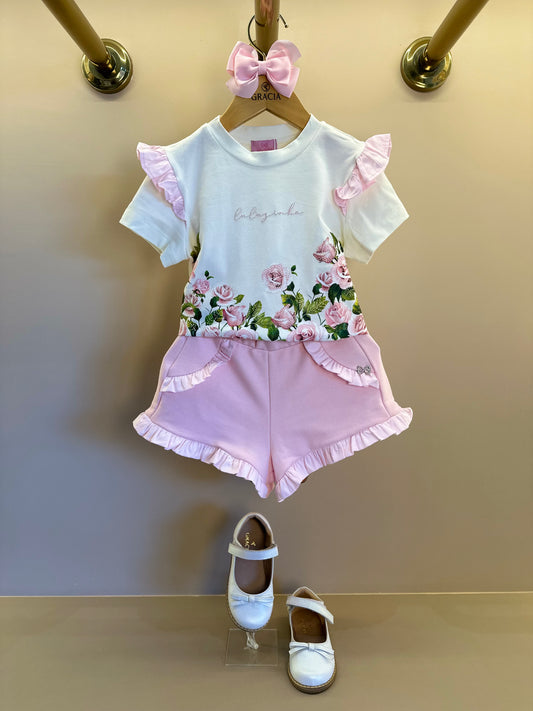Conjunto Infantil Blusa Algodão Cotton Floral  Strass e Shorts Moletocotton Babadinho Rosa - Luluzinha